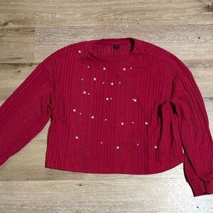 SHEIN Red Crew Neck Sweater with Pearl Accents